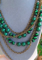 Vintage Hobe Green Glass Foil Bead Brass Swag Bib Necklace