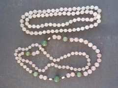 Light Pink Quartz & Green Stone (2) Single Strand Necklace Knotted Bead No Clasp