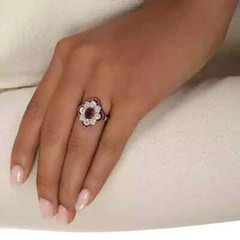 Art Deco Style Lab Created Diamond & Ruby Engagement 14K White Gold Finish Ring