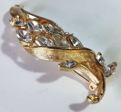 Lot of 3 Vintage Brushed Gold-tone White Rhinestone Brooches