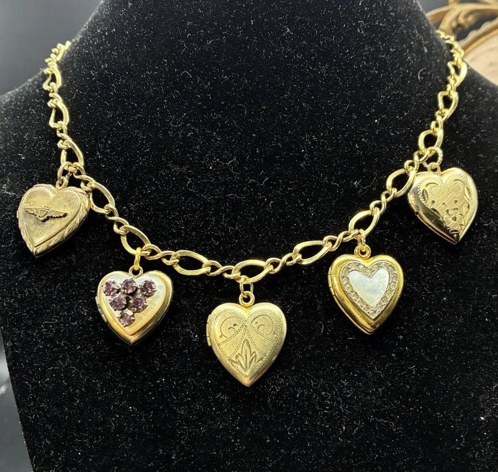 32g Vintage Estate 12k Gold Filled Charm NECKLACE + All GF Hearts Lockets Photos