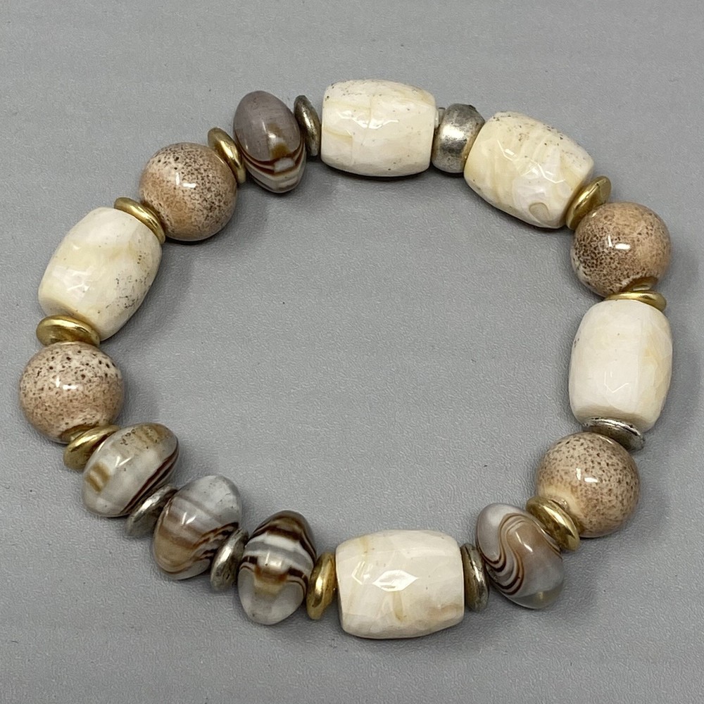 Beaded Stretch Bracelet Acrylic Glass Brown Cream Marble Bohemian Classic 7″