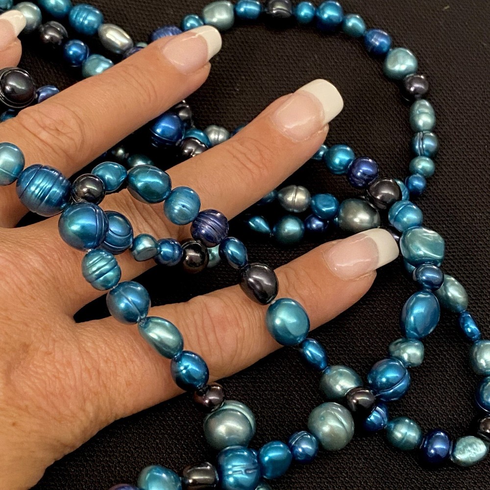 UNIQUE ESTATE VARIED DYED BLUE BAROQUE PEARL STRAND OPRA LENGTH NECKLACE 60”