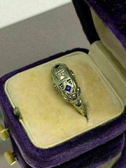 Art Deco Style Lab Created Diamond & Sapphire 14K White Gold FN Engagement Ring