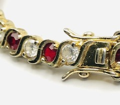 Vtg. 925 Gold Vermeil Ruby Colored Rhinestones & Cubic Zirconia Tennis Bracelet