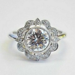 Vintage Bezel 2CT Lab Created Round Diamond Floral Halo Ring 14K White Gold Over