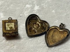 c1940 PAIR PHOTO LOCKETS FLORAL ACCENTED HEART & SMALL SQUARE