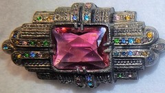 Antique Little Nemo Art Deco Brooch Silvertone Dark Pink Multi Color Rhinestone
