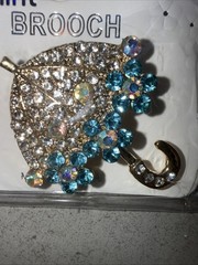Mint Umbrella Brooch Pin Aqua & White Crystals Rhinestones