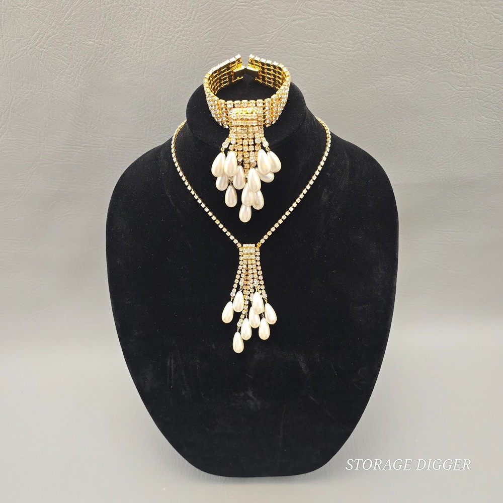 Vintage Clear Rhinestones and Faux Pearls Dangle Tassel Necklace & Bracelet Set