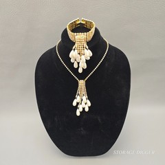 Vintage Clear Rhinestones and Faux Pearls Dangle Tassel Necklace & Bracelet Set