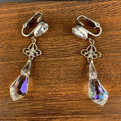 Vintage Earrings AB Crystal Dangle Silver Tone Filigree Briolette Teardrop Clip