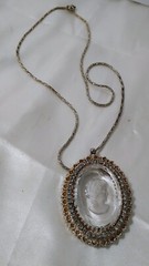 Necklace Carved Glass Cameo Warner Pendant Rhinestones Orig 23″ Chain Vintage