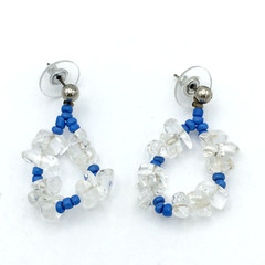 QUARTZ jewelry set – necklace & earrings -clear stone chips & blue glass beads