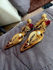 Vintage Hobe Clip Screw Earrings Openwork Filigree Faux Pearl Red Garnets Dangle