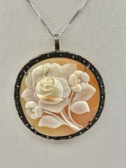 Vintage Carved Shell Rose Cameo Pin Brooch Pendant High Relief 800 Silver Frame