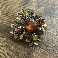 Vintage Austrian Rhinestone Brooch Autumn Orange Yellow Gold Tone Floral Pin