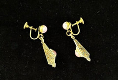 VTG Antique DECO PINK Cat’s Eye Glass Cabochon Filigree Drop Screw Back Earrings