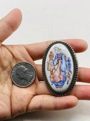 Vintage Silver Tone Russian Finift Hand Painted Porcelain The Snow Maiden Brooch