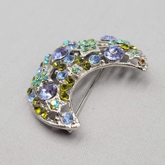 Vintage Crescent Moon Brooch Blue Green Rhinestone Silver tone 2″