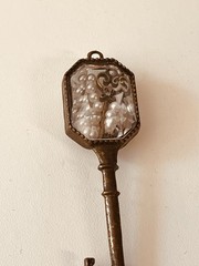 Vintage Key Charm Pendant Faceted Crystal Faux Pearl Shadow Box Victorian Style