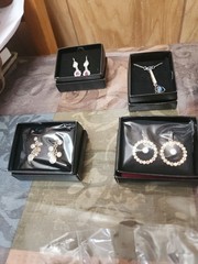 New AVON Pierced Earrings, Necklaces Bracelet w/ Heart Rhinestone Charm Lot Of 9