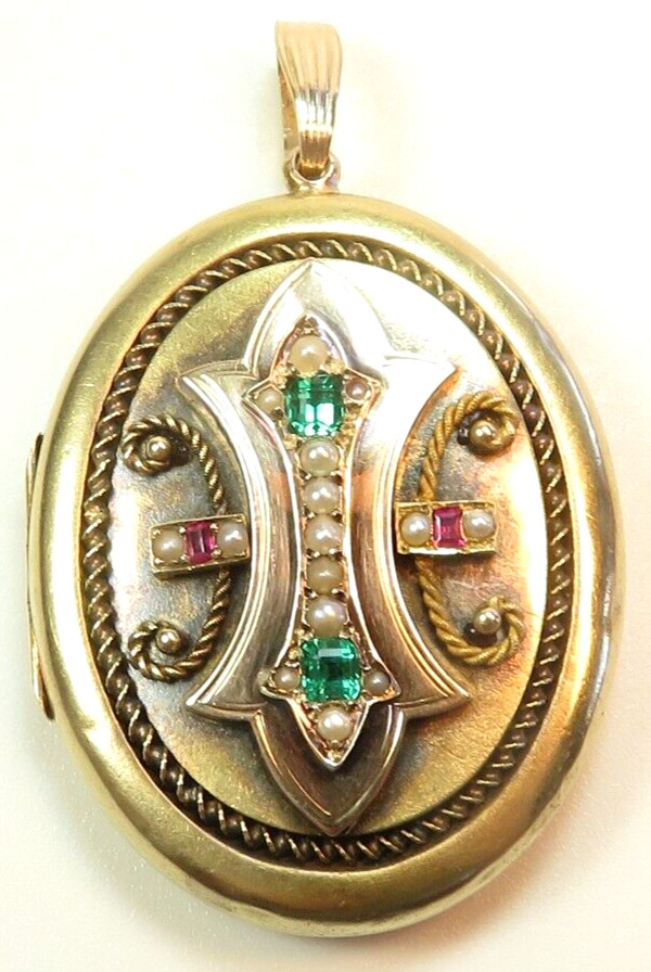 Victorian 1800’s 2 Picture Engraved Locket 19/13K Yellow Gold Emerald Ruby Pearl