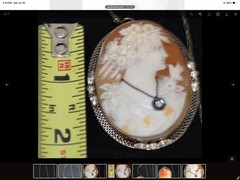 Oval Cameo Pendant Necklace on Chain, Silver Tone Frame, Brown White
