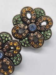 Signed LaVintage China QVC Multicolor Rhinestones Floral Clip On Earrings