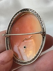 VINTAGE 14K WHITE GOLD LARGE SHELL CAMEO DIAMOND PIN BROOCH CONVERTABLE PENDANT