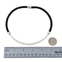 Vintage Sterling Silver 925 Black Braided Leather Pearl Necklace 16.5″