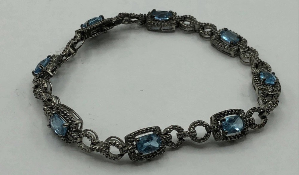 Sterling Silver 925 Aquamarine Link Bracelet Vintage Art Deco Style 7.5″