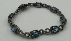 Sterling Silver 925 Aquamarine Link Bracelet Vintage Art Deco Style 7.5″