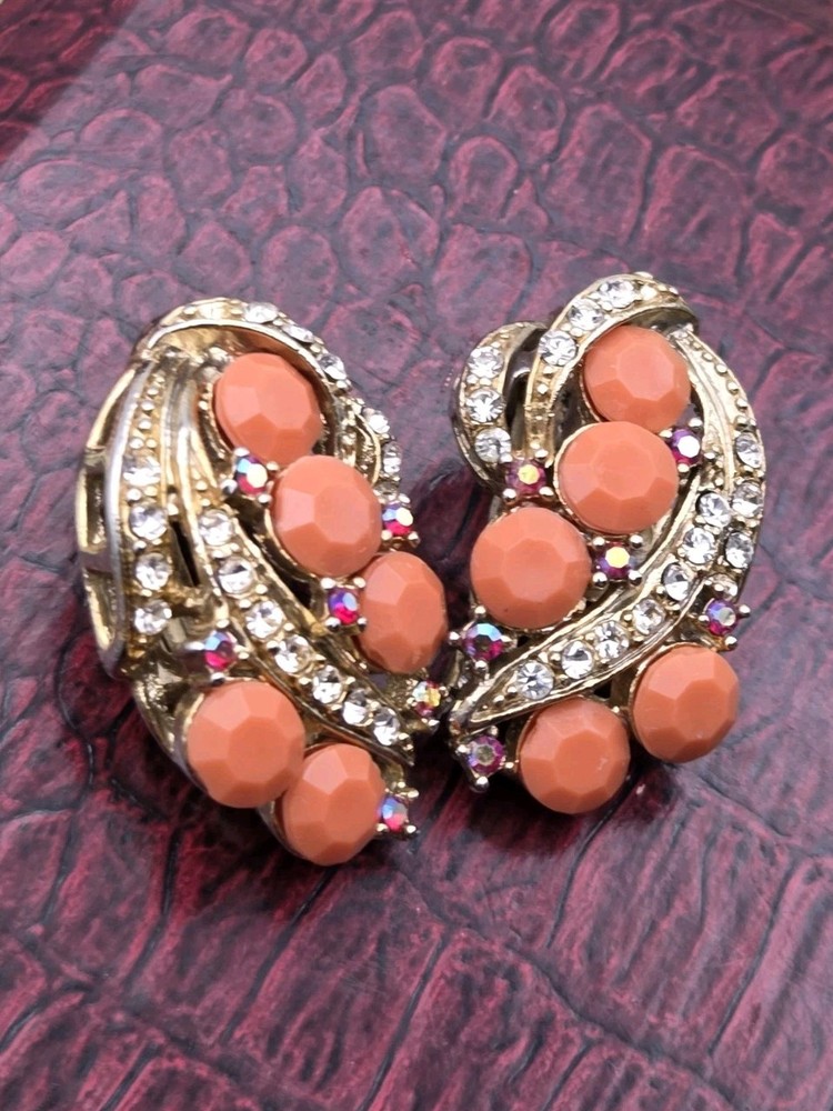 Vintage Rhinestone Earrings Orange Clear & Red AB Rhinestone Leaves Gold Tone