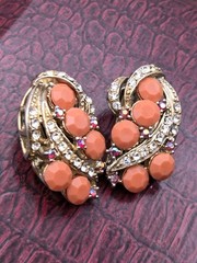 Vintage Rhinestone Earrings Orange Clear & Red AB Rhinestone Leaves Gold Tone