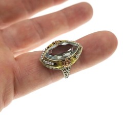 14k Solid White Gold Yellow & Rose Accented Aquamarine Pearl Filigree Ring Sz 5