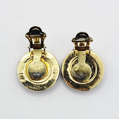 Cloisonné Small Butterfly & Flowers Round Blue Enamel Gold Tone Clip On Earrings