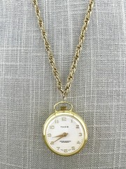 Vintage TODD Watch Necklace Atomic Mother of Pearl Mechanical Gold Tone 23”