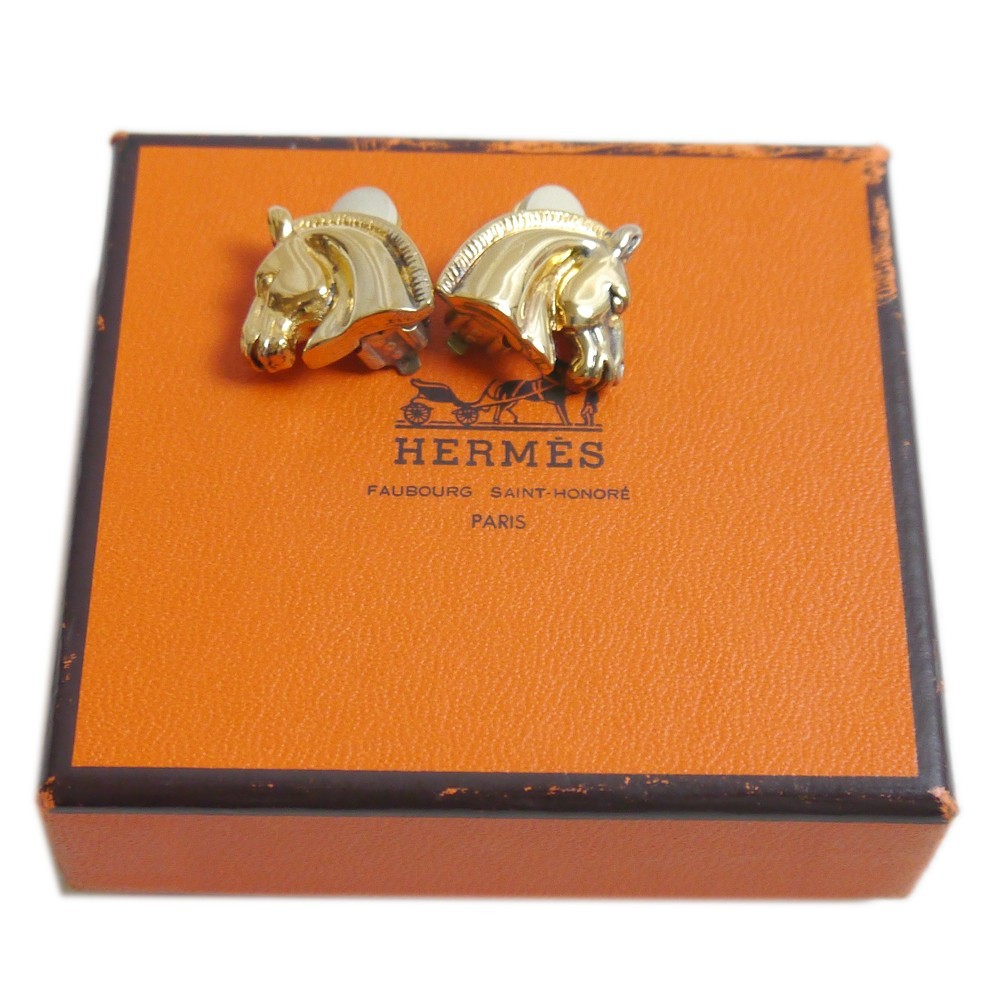 Authentic HERMES Vintage Horse Earrings Metallic #2796
