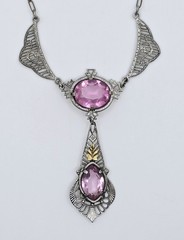 Antique Art Deco Lavalier Pendant Necklace Pink Glass Filigree Edwardian