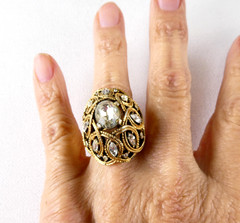 Vintage Crown Trifari Cocktail Ring Dome Shaped Gold Tone Clear Marquise Stones