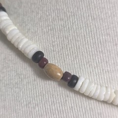 Puka Shell Necklace White Heishi Beads with Tan, Black & Burgundy Accent Beads