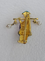 Vintage Oriental Water Carrier Gold Tone Faux Pearl Brooch 1.5 Inches