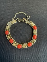 Vintage Gold-Tone Bracelet with Faux Coral Cabochons – Ornate Mid-Century Design