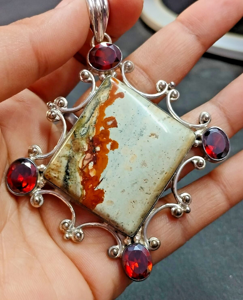 UNIQUE Wild Horse Jasper Pendant 925 Silver Natural Garnet BIG Jewelry MOM Gift