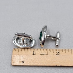 Vintage Swank Mens Cufflinks Green Rhinestone Silver tone Oval 1″