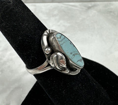 Signed Sterling Silver Turquoise Ring in Elongated Oval Setting – Size 6.25