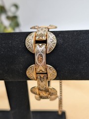 Vintage Toledo Damascene Bracelet Gold Black Silver Inlay W/ Safety Chain