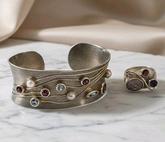 Sterling Silver 925 Artisan Cuff & Ring Set Mixed Metal Gold Accents Multi Stone