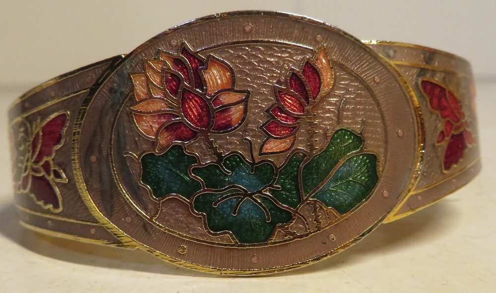 Cloisonné Flower Butterfly Bangle Bracelet Women’s 7.75” Enamel Vintage Style